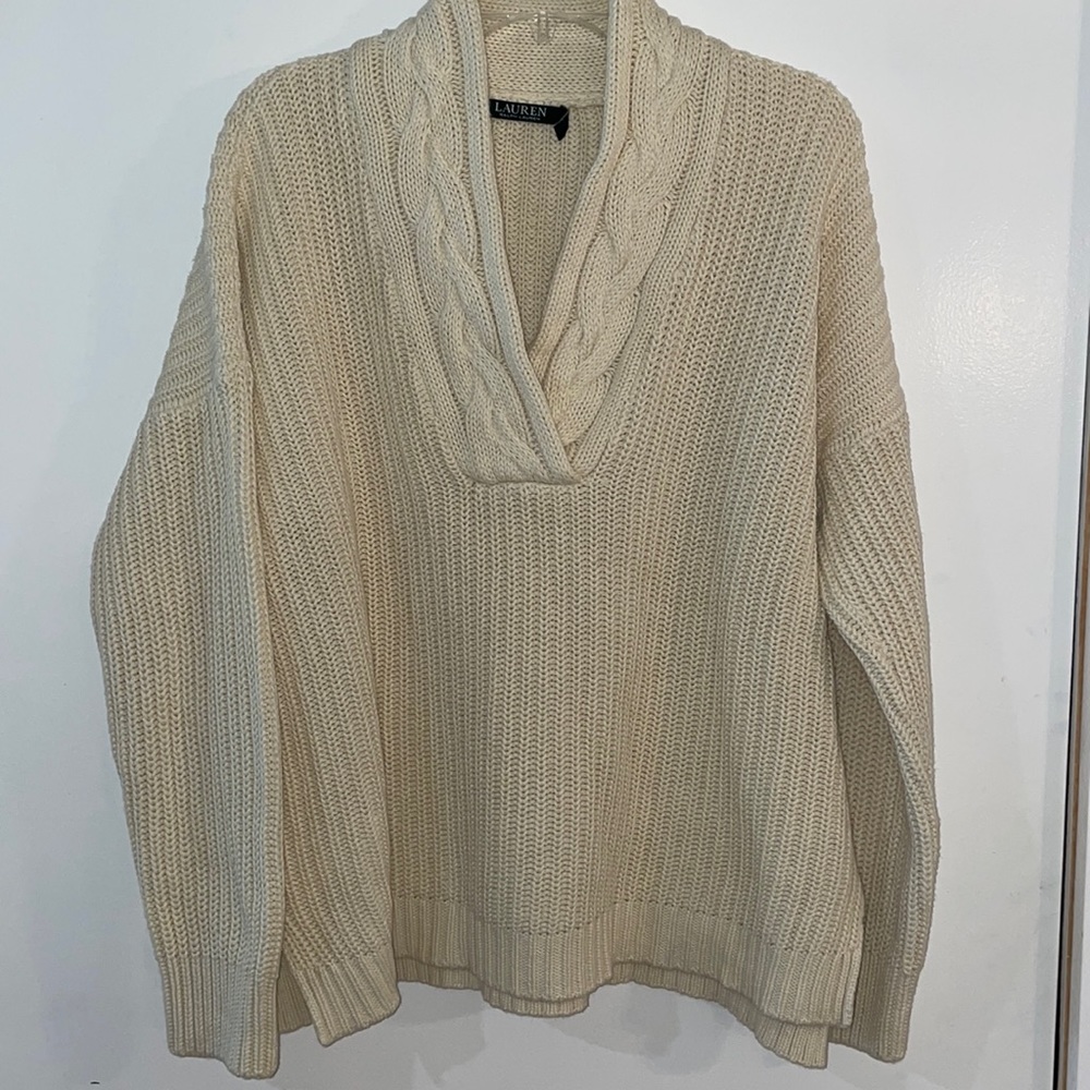 Cream Cable Shawl Collar Sweater
